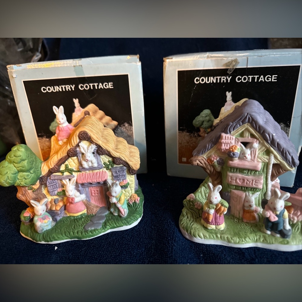 EASTER VILLAGE Tidy Treehouse & Bunny Country Cottage Lighted Glow VTG LOT OF 2
